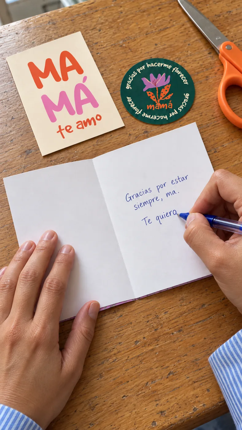 Manos escribiendo Gracias por estar siempre, ma. Te quiero en la tarjeta abierta