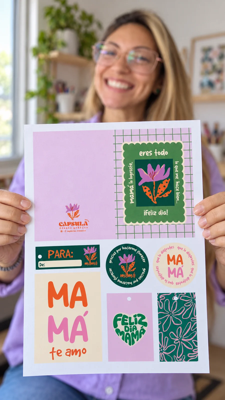 Hoja A4 del Kit Mamá en primer plano y enfocada, con Mariela desenfocada detrás