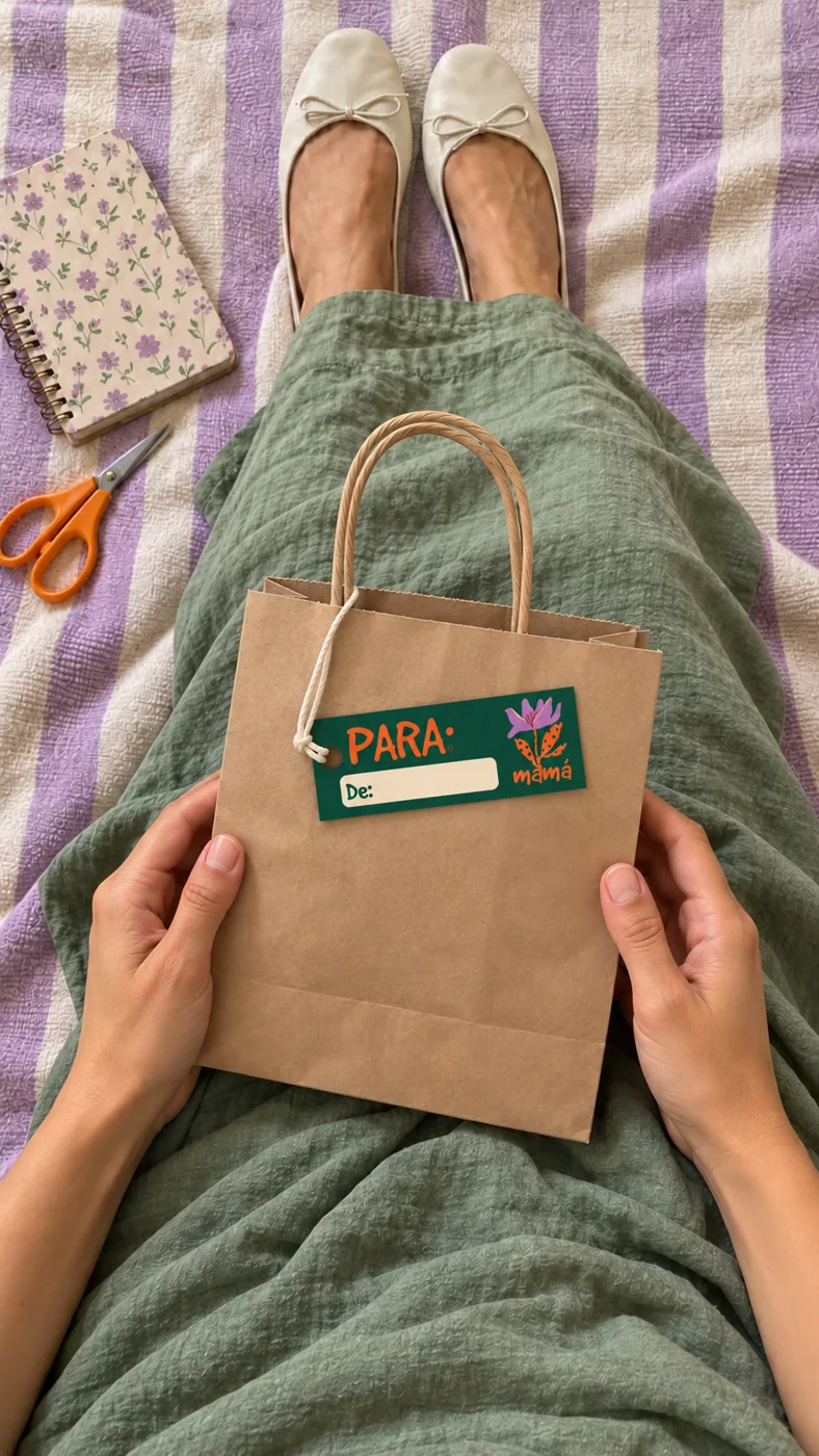 Bolsa kraft con el tag verde del kit atado con hilo al asa